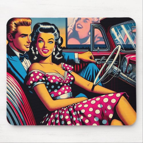 Retro Couple in Car at Drive In Movie Mouse Pad