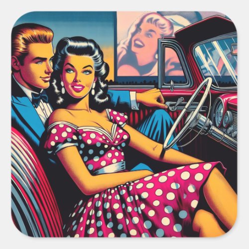 Retro Couple in Car at Drive In Movie Square Sticker