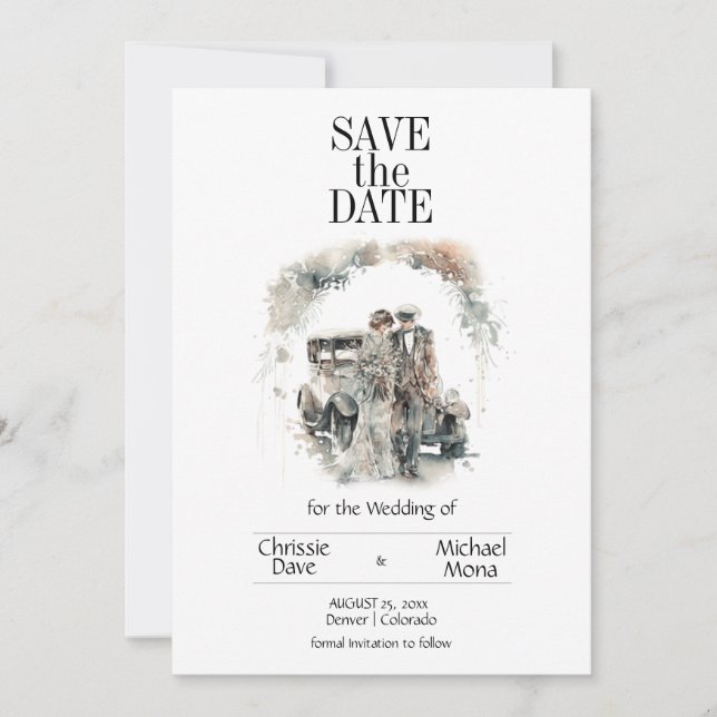 Retro Couple in Pastel Wedding  Save The Date (Front)