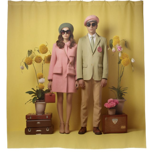 Retro Couple In Yellow Shower Curtain (Front)