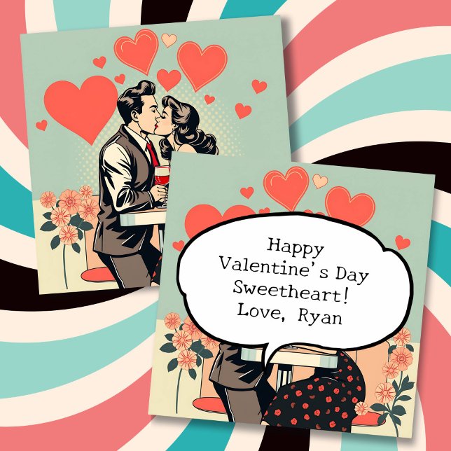 Retro Couple Kissing Pop Art Hearts Personalized Holiday Card (Creator Uploaded)