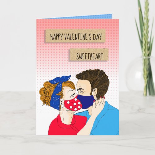 Retro Couple Kissing with Facemasks Valentines Day Card