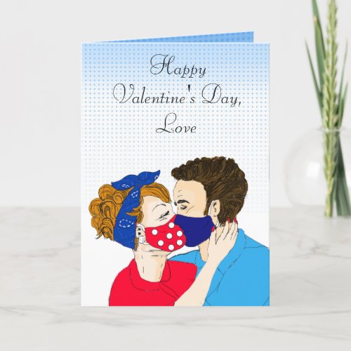 Retro Couple Kissing with Facemasks Valentines Day Card