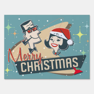 Retro Couple Merry Christmas Vintage Holiday Sign