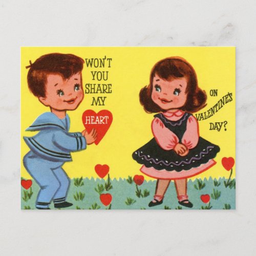 Retro Couple Share a Heart Valentine Postcard