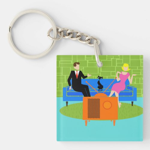 Retro Couple with Cat Acrylic Keychain