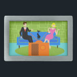 Retro Couple with Cat Belt Buckle<br><div class="desc">This Retro Couple with Cat Belt Buckle features a cartoon couple trying to get cozy while watching television on a mid century modern, blue sofa. The cat, however, has other ideas. On one side of the sofa, there is a handsome man in a black suit with red tie. On the...</div>