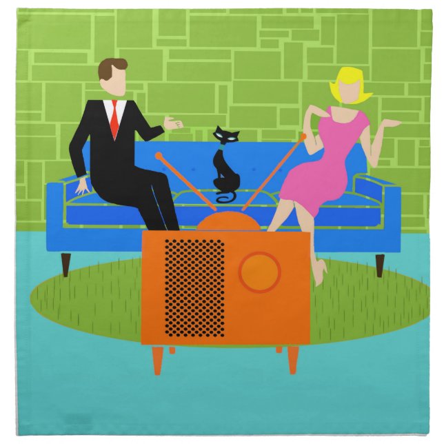 Retro Couple with Cat Cloth Napkins (Front)