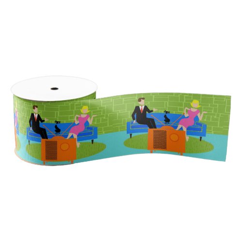 Retro Couple with Cat Grosgrain Ribbon