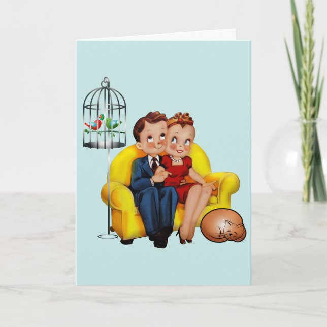 RETRO COUPLE with cat HAPPY ANNIVERSARY CARDS (Front)