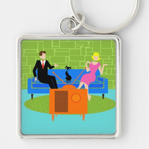 Retro Couple with Cat Keychain