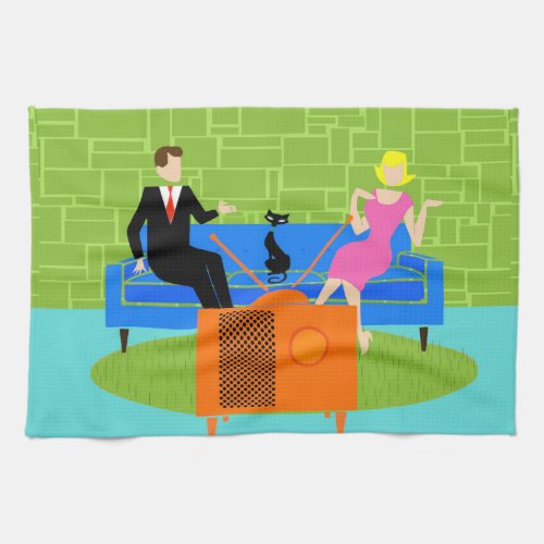 Retro Couple with Cat Kitchen Towel