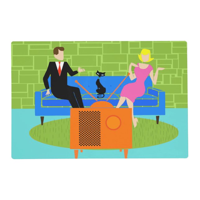 Retro Couple with Cat Laminated Placemat (Front)