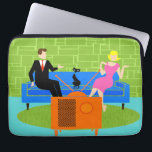 Retro Couple with Cat Laptop Sleeve<br><div class="desc">This Retro Couple with Cat Laptop Sleeve features a cartoon couple trying to get cozy while watching television on a mid century modern, blue sofa. The cat, however, has other ideas. On one side of the sofa, there is a handsome man in a black suit with red tie. On the...</div>
