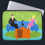 Retro Couple with Cat Laptop Sleeve<br><div class="desc">This Retro Couple with Cat Laptop Sleeve features a cartoon couple trying to get cozy while watching television on a mid century modern, blue sofa. The cat, however, has other ideas. On one side of the sofa, there is a handsome man in a black suit with red tie. On the...</div>