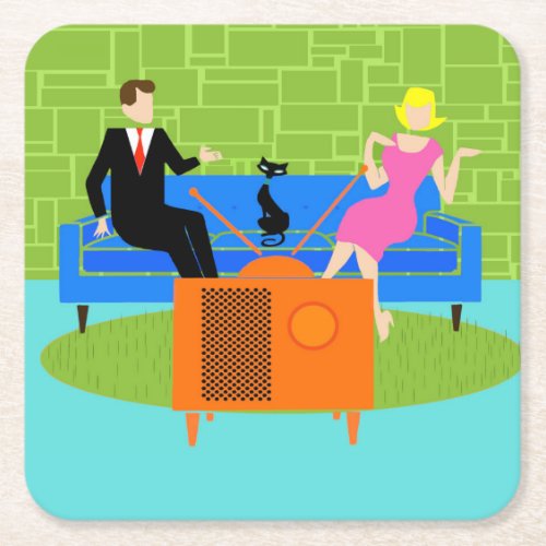 Retro Couple with Cat Paper Coasters