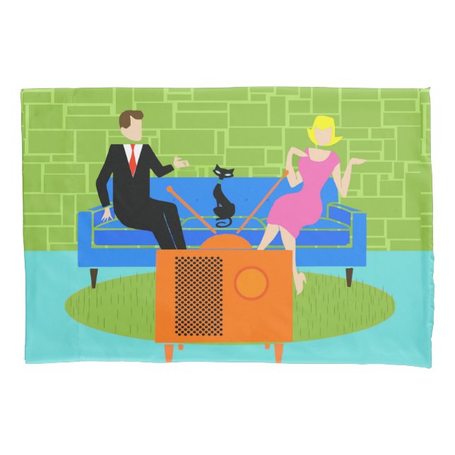 Retro Couple with Cat Pillowcase (Front)