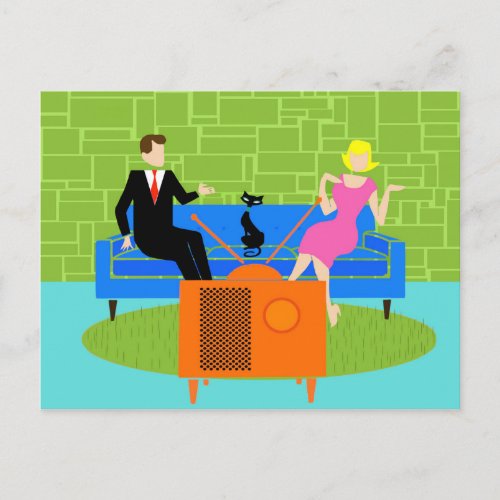 Retro Couple with Cat Postcard