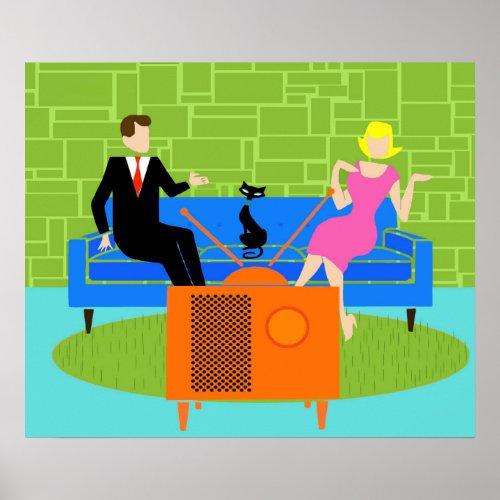 Retro Couple with Cat Poster