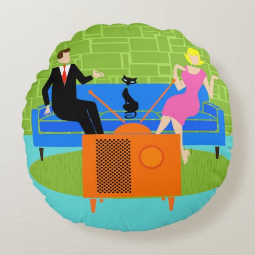 Retro Couple with Cat Round Pillow