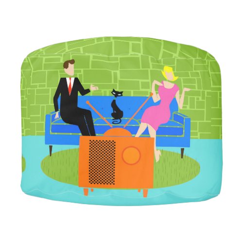 Retro Couple with Cat Round Pouf