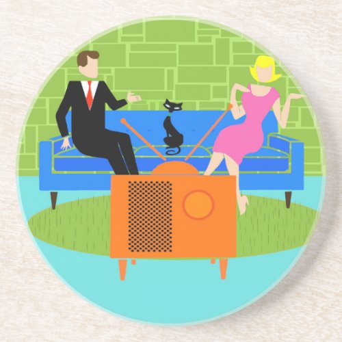 Retro Couple with Cat Sandstone Coaster