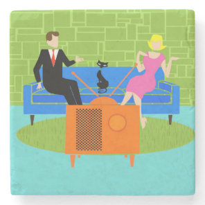 Retro Couple with Cat Stone Coaster