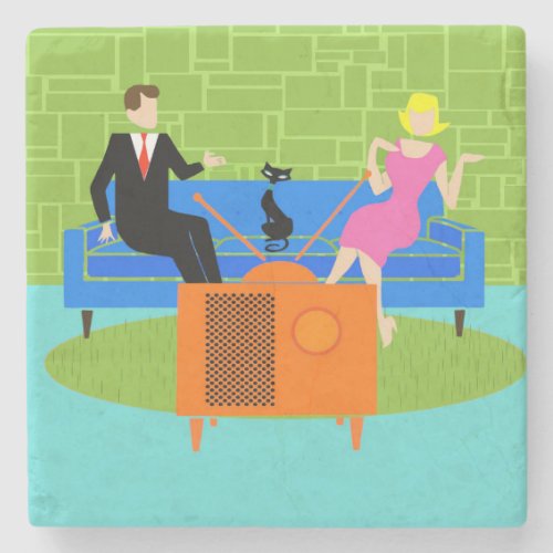 Retro Couple with Cat Stone Coaster