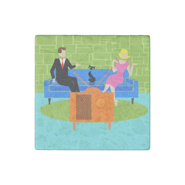 Retro Couple with Cat Stone Magnet (Front)