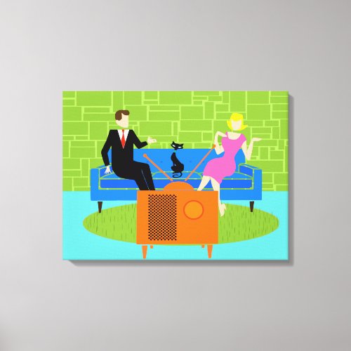 Retro Couple with Cat Stretched Canvas Print