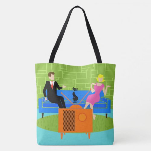 Retro Couple with Cat Tote Bag