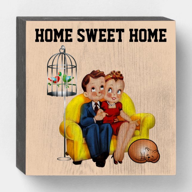 RETRO COUPLE WITH CAT WEDDING WOOD SIGN (Front Horizontal)
