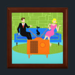 Retro Couple with Cat Wooden Jewelry Keepsake Box<br><div class="desc">This Retro Couple with Cat Wooden Jewelry Keepsake Box features a cartoon couple trying to get cozy while watching television on a mid century modern, blue sofa. The cat, however, has other ideas. On one side of the sofa, there is a handsome man in a black suit with red tie....</div>