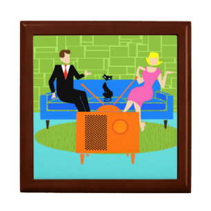 Retro Couple with Cat Wooden Jewelry Keepsake Box