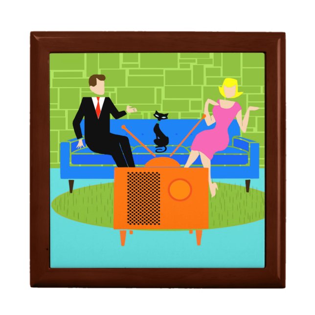 Retro Couple with Cat Wooden Jewelry Keepsake Box (Front)