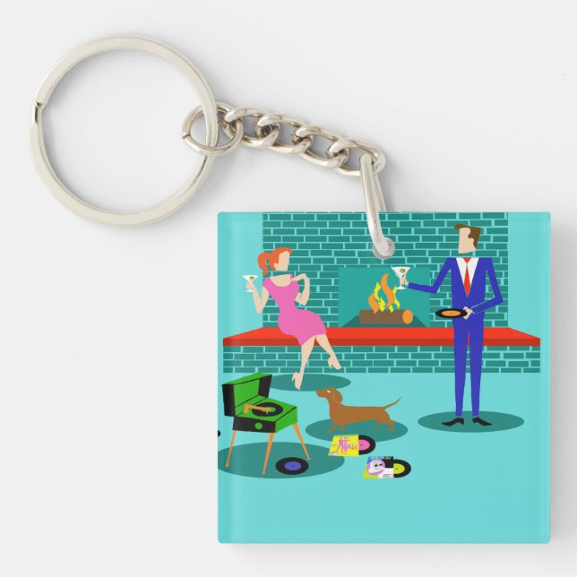 Retro Couple with Dog Acrylic Keychain (Front)