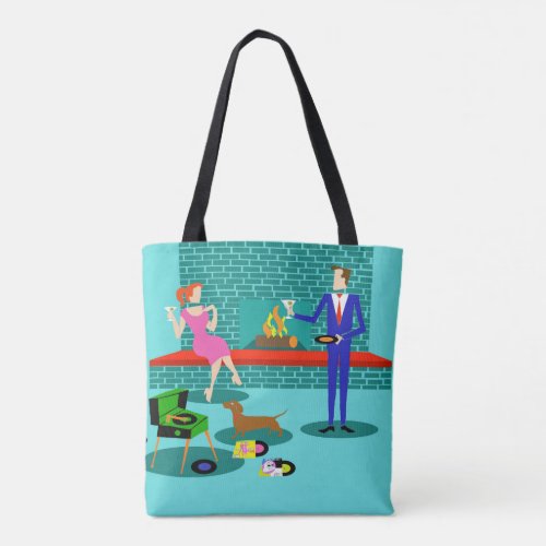 Retro Couple with Dog All_Over Print Tote Bag