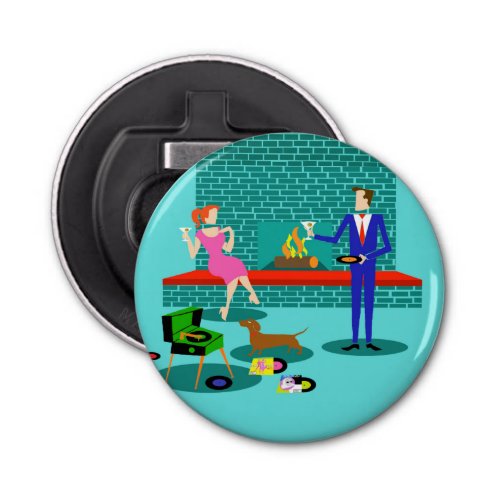 Retro Couple with Dog Button Bottle Opener