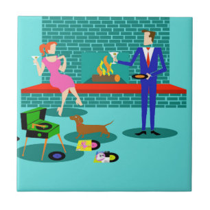 Retro Couple with Dog Ceramic Tile