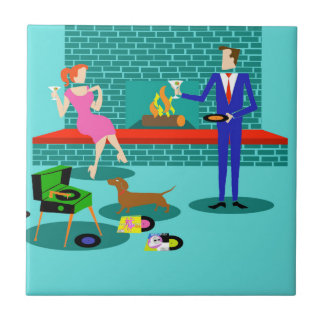 Retro Couple with Dog Ceramic Tile