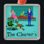 Retro Couple with Dog Christmas Ornament<br><div class="desc">This Retro Couple with Dog Christmas Ornament looks like a scene out of a romantic comedy. The 1960s's style, minimalist art design features an attractive couple enjoying a romantic evening at home. The sophisticated room prominently features an aqua and teal brick fireplace with a bright red ledge. A beautiful, redhead...</div>