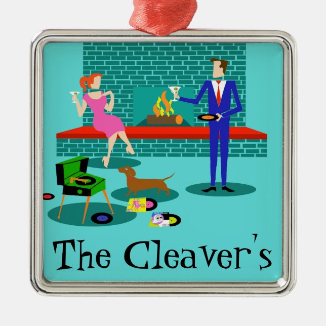 Retro Couple with Dog Christmas Ornament (Front)