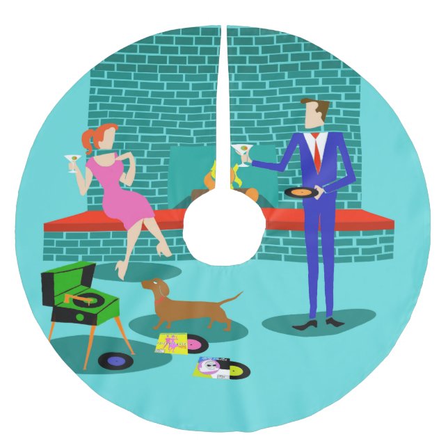 Retro Couple with Dog Christmas Tree Skirt (Front)