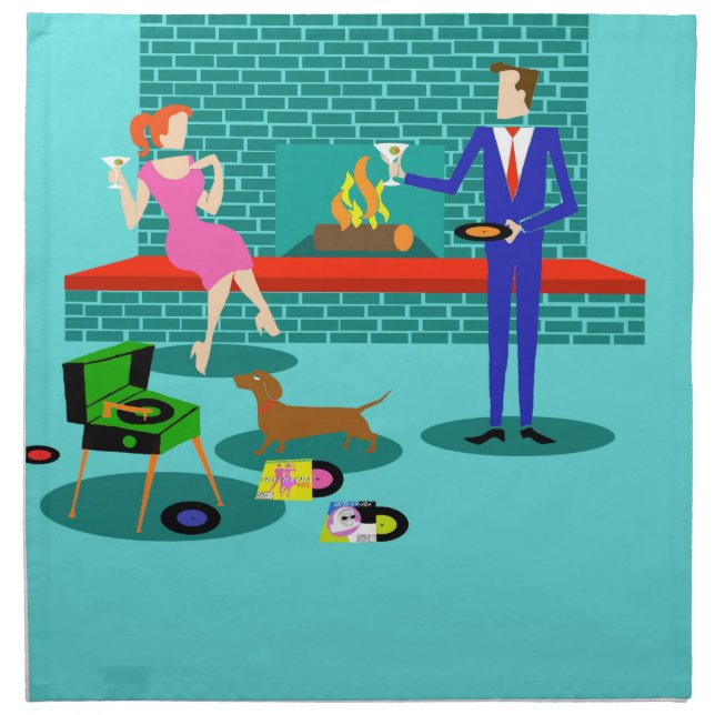 Retro Couple with Dog Cloth Napkins (Front)
