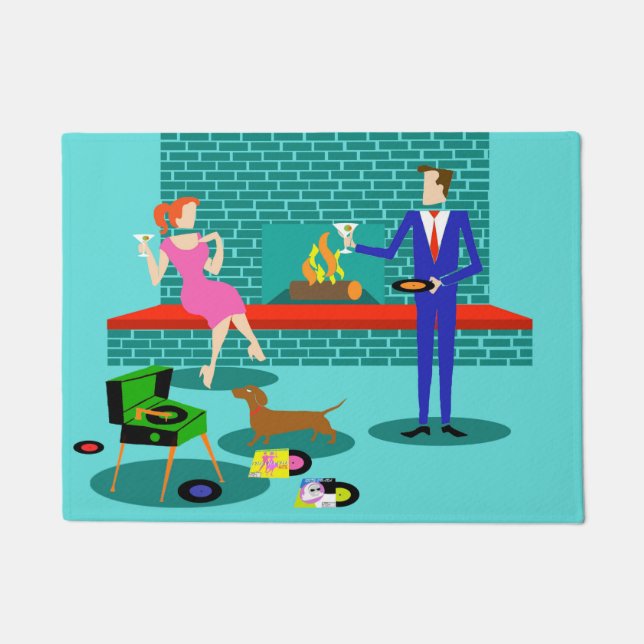 Retro Couple with Dog Door Mat (Front)
