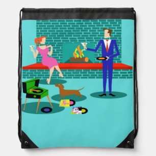 Retro Couple with Dog Drawstring Backpack