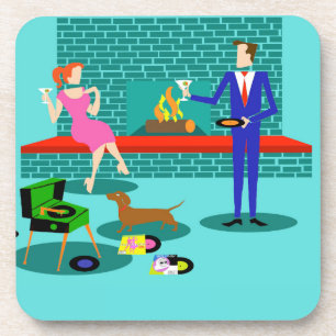 Retro Couple with Dog Hard Plastic Coasters