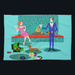 Retro Couple with Dog Kitchen Towel<br><div class="desc">This Retro Couple with Dog Kitchen Towel looks like a scene out of a romantic comedy. The 1960s's style, minimalist art design features an attractive couple enjoying a romantic evening at home. The sophisticated room prominently features an aqua and teal brick fireplace with a bright red ledge. A beautiful, redhead...</div>