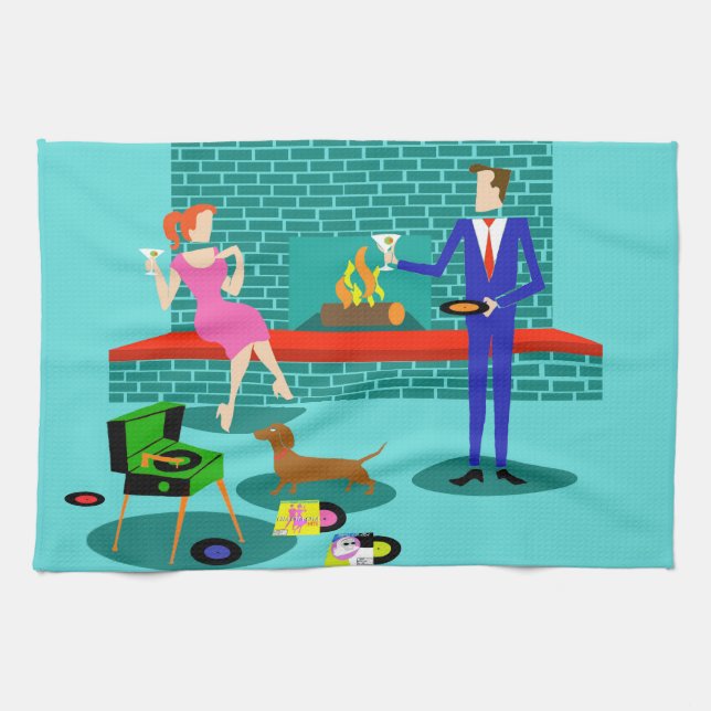 Retro Couple with Dog Kitchen Towel (Horizontal)