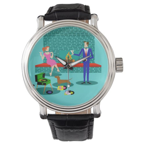 Retro Couple with Dog Mens Watch